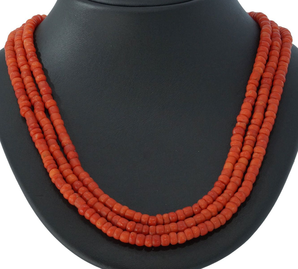 Blood coral vintage necklace 3-strand 14K gold