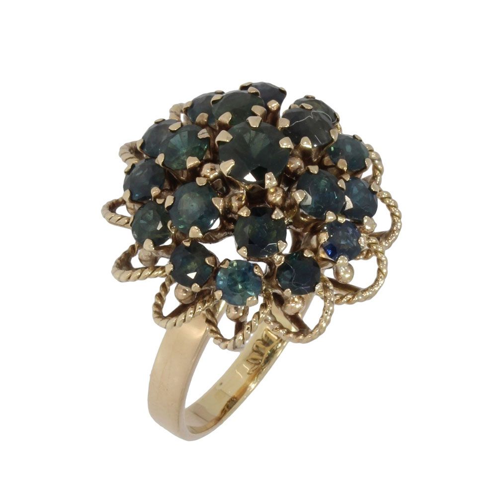 Vintage Gouden Cocktailring met Blauw‑Groene Saffierlook – Handgemaakt & Uniek Verzamelstuk