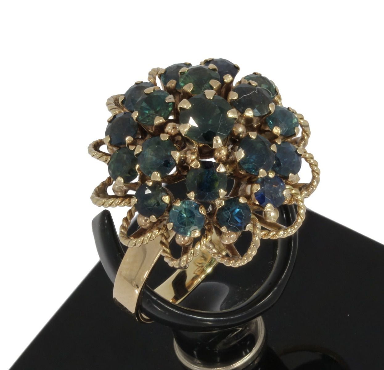 Vintage Gold Cocktail Ring with Blue-Green Sapphire Look – Handmade & Unique Collector's Item