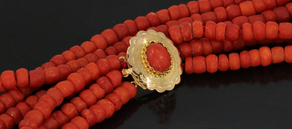Blood coral vintage necklace 3-strand 14K gold