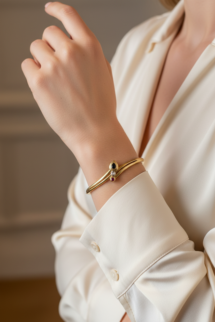 14 karat yellow gold (bangle) Bracelet with sapphire, ruby and diamond – Dutch hallmarked